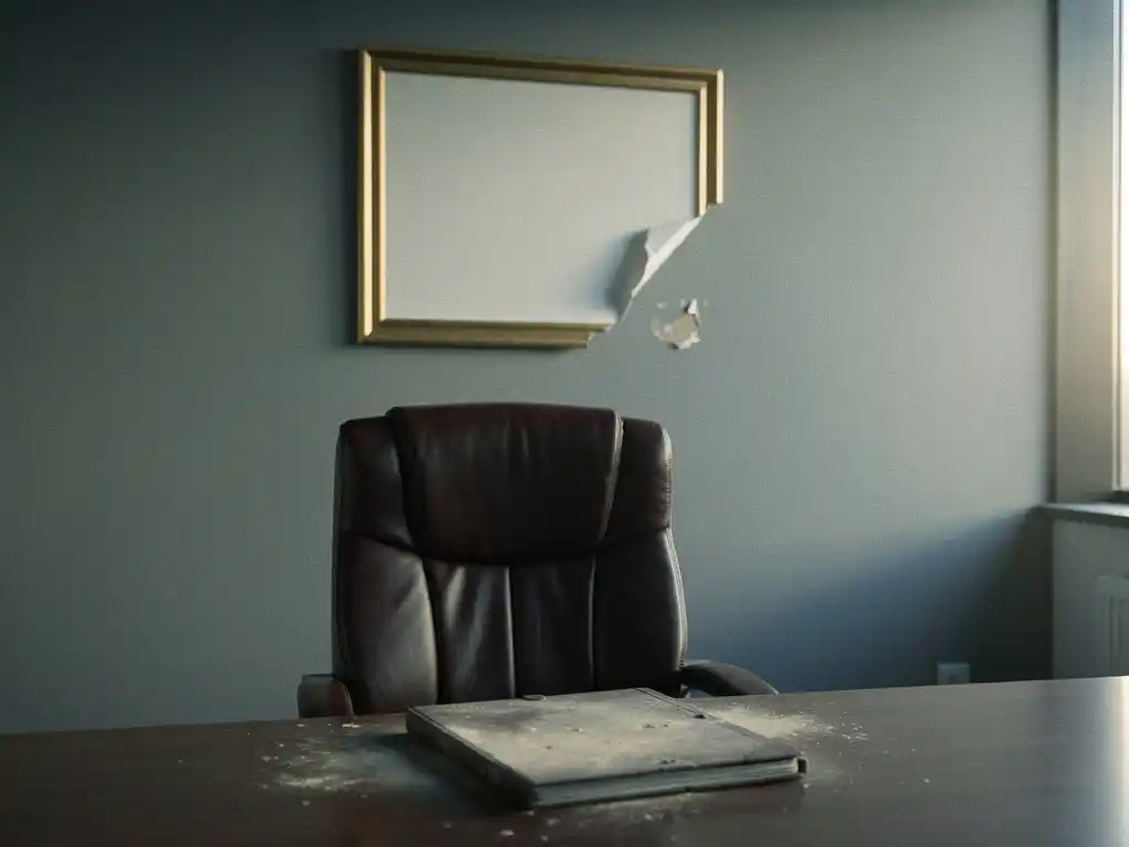 Crooked framed certificate peeling from a dim office wall, empty leather chair and dust-covered portfolio on an abandoned meeting table.