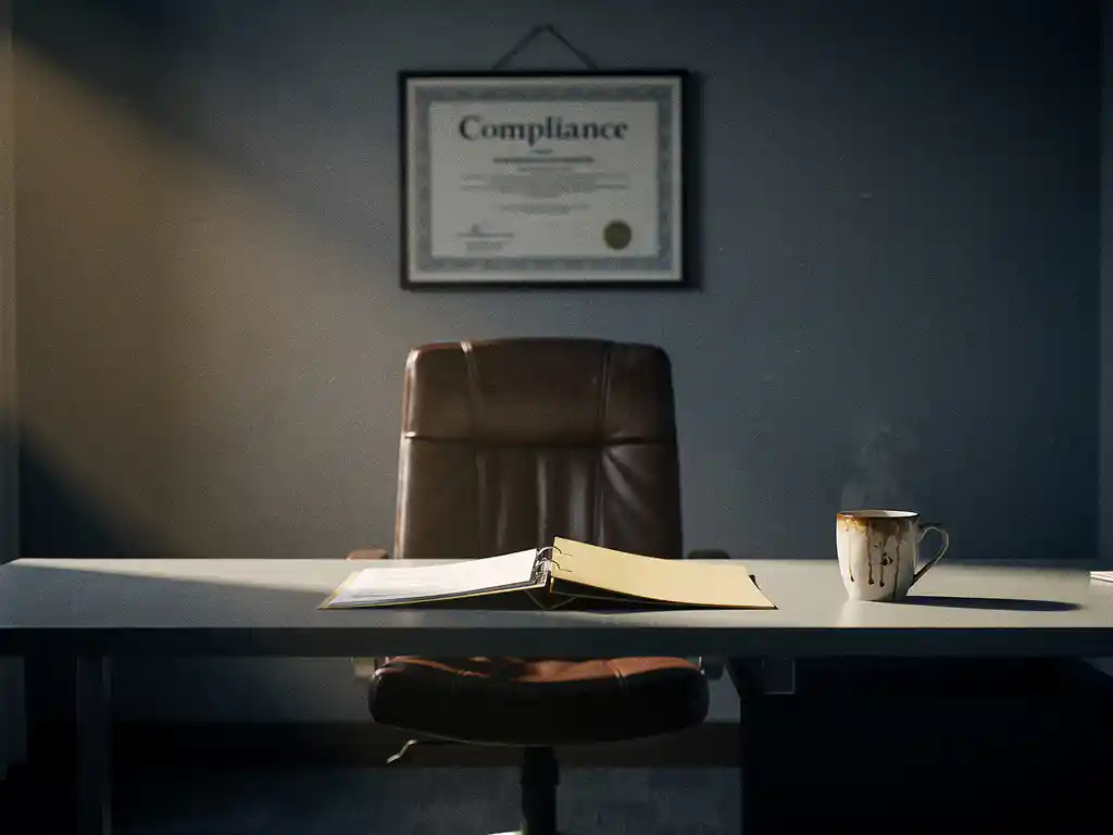 Empty leather office chair at a minimalist desk with an open file folder, half-finished coffee, and a crooked compliance certificate on a grey wall.