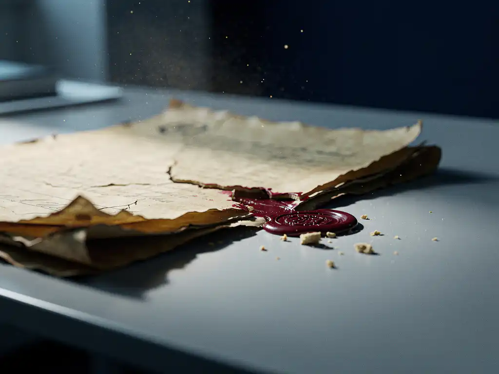 Weathered legal document with cracked yellowing pages and broken wax seal on a modern desk in cool blue-grey office light.