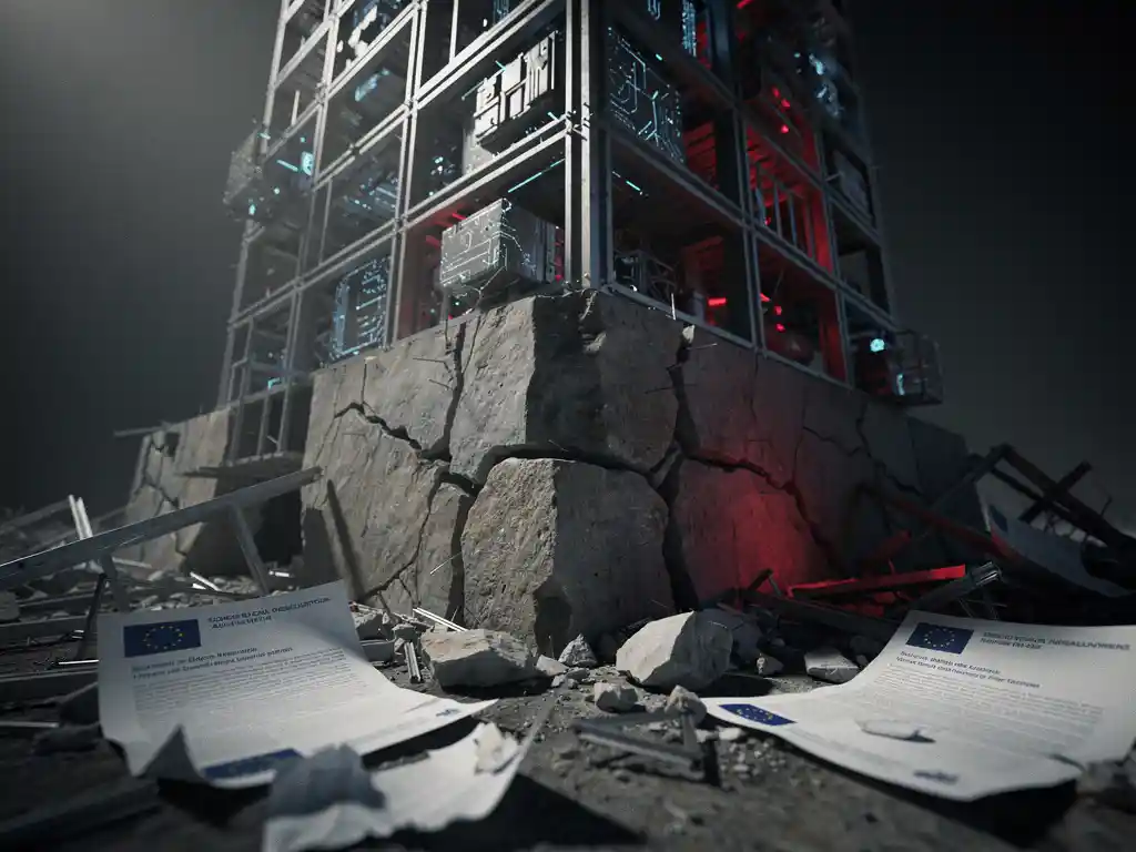 Cracked stone foundation beneath a towering AI architectural model, EU regulatory documents scattered like warnings around unstable rubble in dramatic low-angle view.
