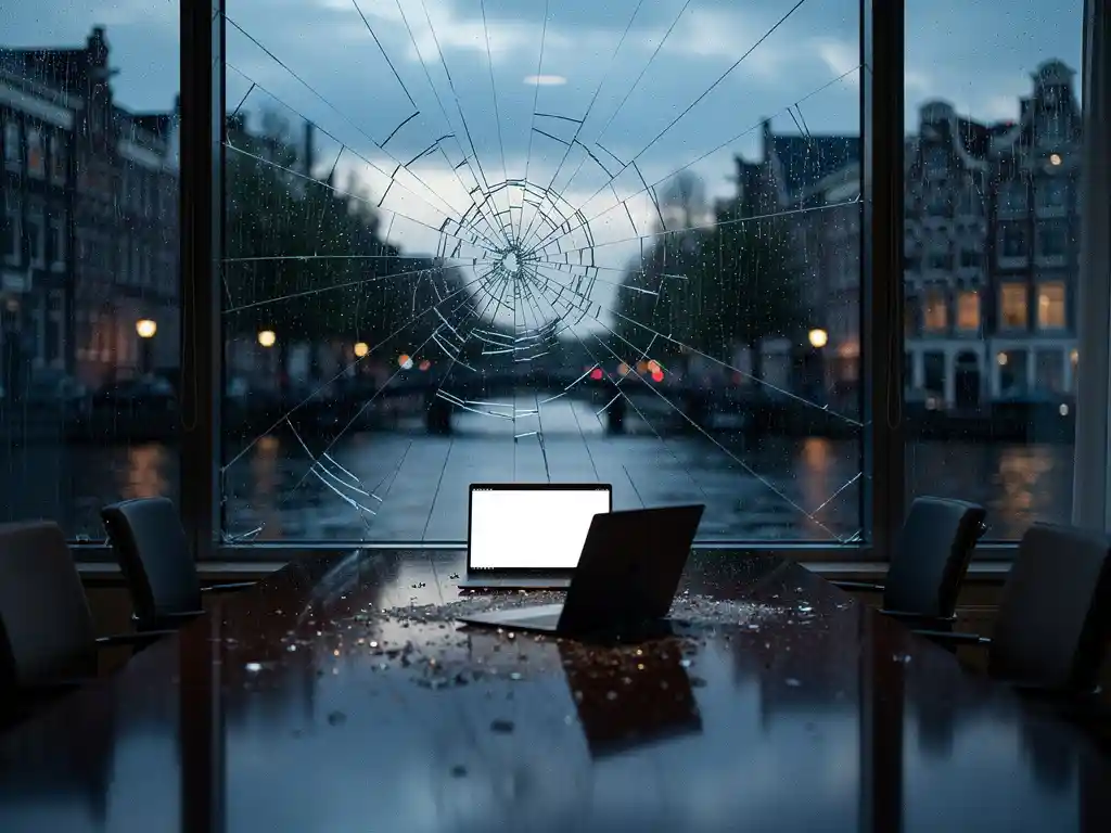 Cracked boardroom window overlooking a rain-soaked Amsterdam canal at dusk, shattered glass reflecting cold blue light above an open laptop.