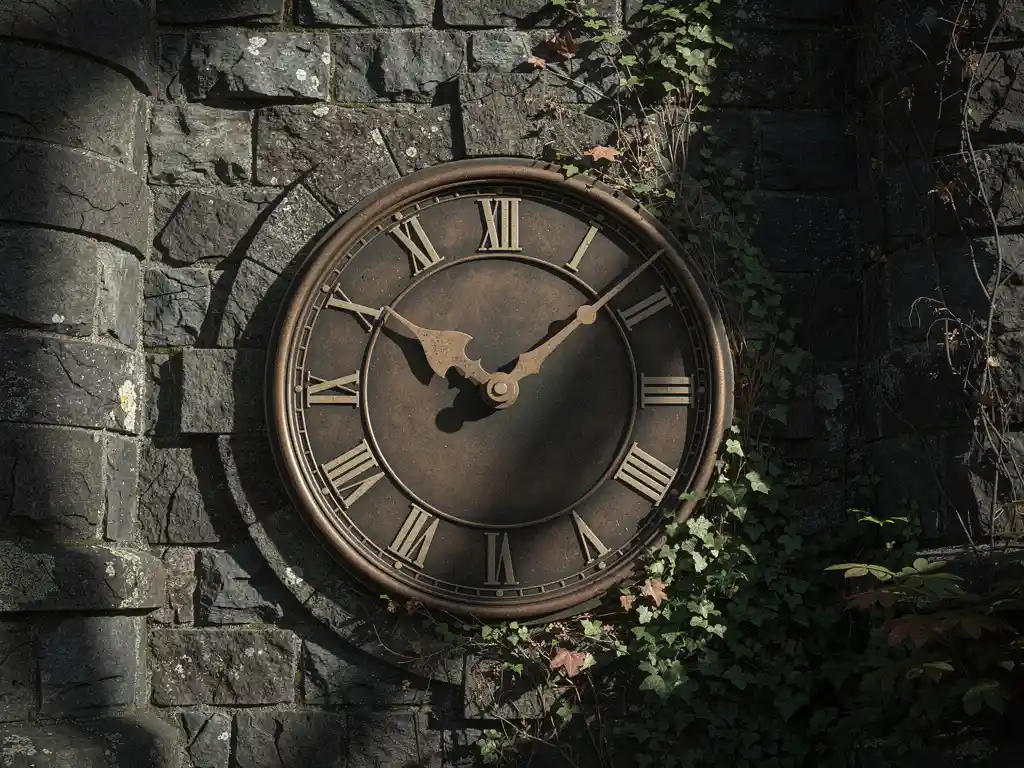 Antique bronze clock face embedded in a weathered stone castle wall, ivy climbing the aged masonry in dramatic side lighting.