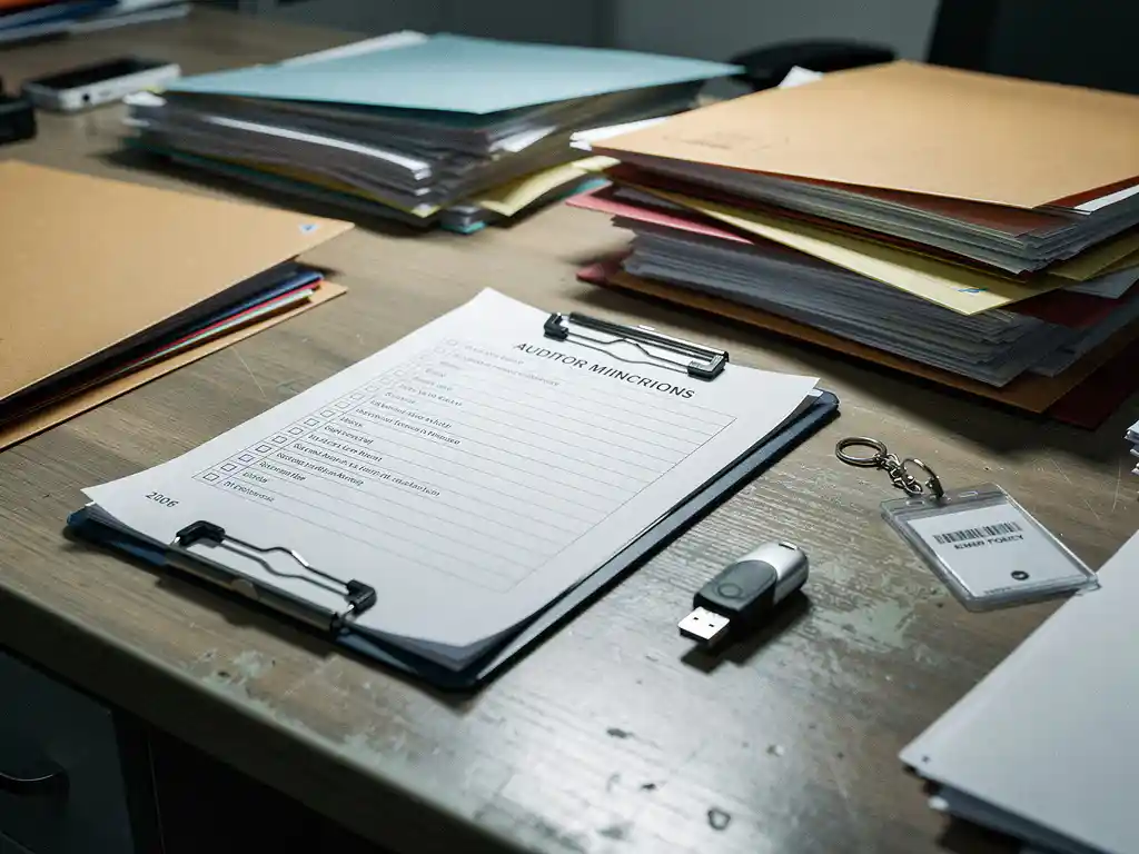 Auditor's clipboard with checklist on cluttered desk beside scattered policy folders, forgotten access badge, and unplugged security token under fluorescent light.