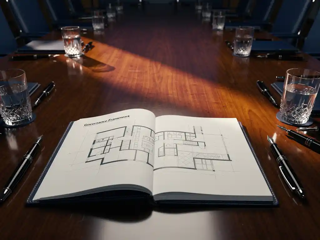 Open leather-bound governance framework document on a polished mahogany boardroom table with fountain pens and crystal glasses, dramatic amber and navy lighting.