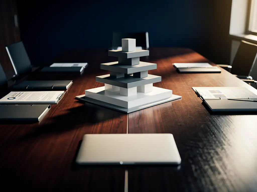 Architectural scale model of a layered organizational structure on a boardroom table, surrounded by governance documents and a laptop, lit in navy and amber tones.