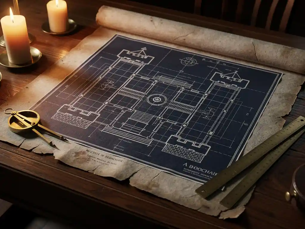 Weathered stone castle blueprint on oak desk with brass compass and ruler, lit by warm candlelight casting shadows over architectural grid lines.