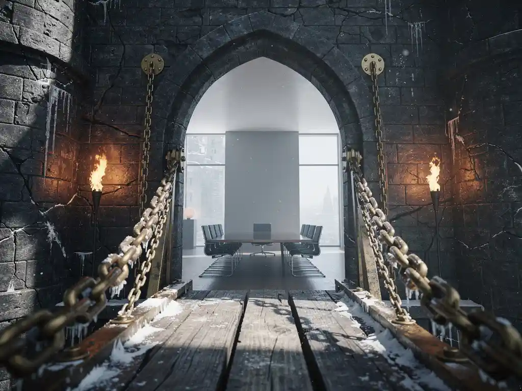 Weathered castle drawbridge mid-raise with iron chains, framing a modern boardroom table through the stone archway in warm amber and slate blue light.
