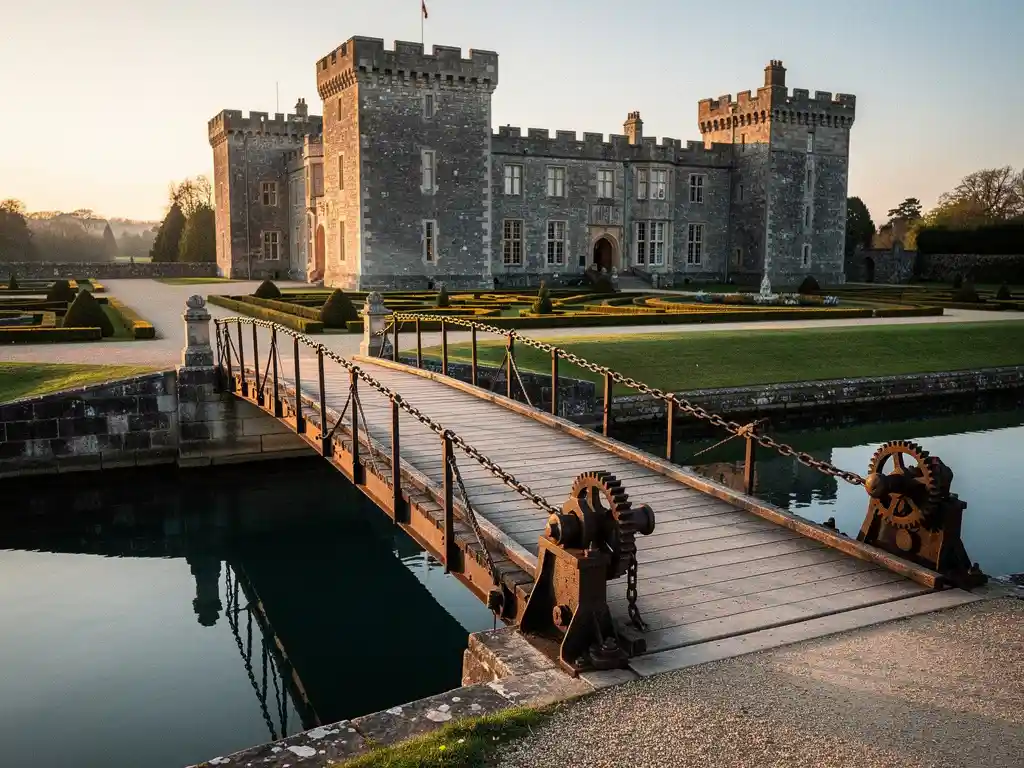 Weathered stone castle drawbridge with taut chains over a still moat reflecting pale dawn sky, surrounded by well-maintained formal grounds.