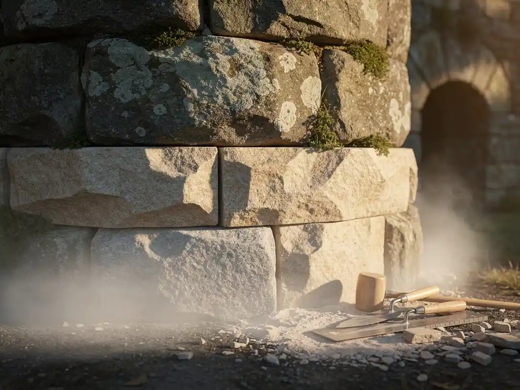 Weathered castle foundation reinforced with precision-cut granite blocks, mason's tools resting nearby in soft morning mist.