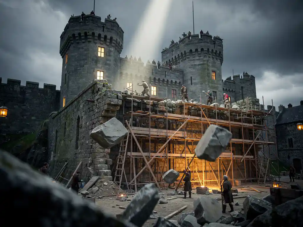 Workers reconstructing a crumbling stone castle foundation with scaffolding, loose falling stones contrasting with solid standing towers above.