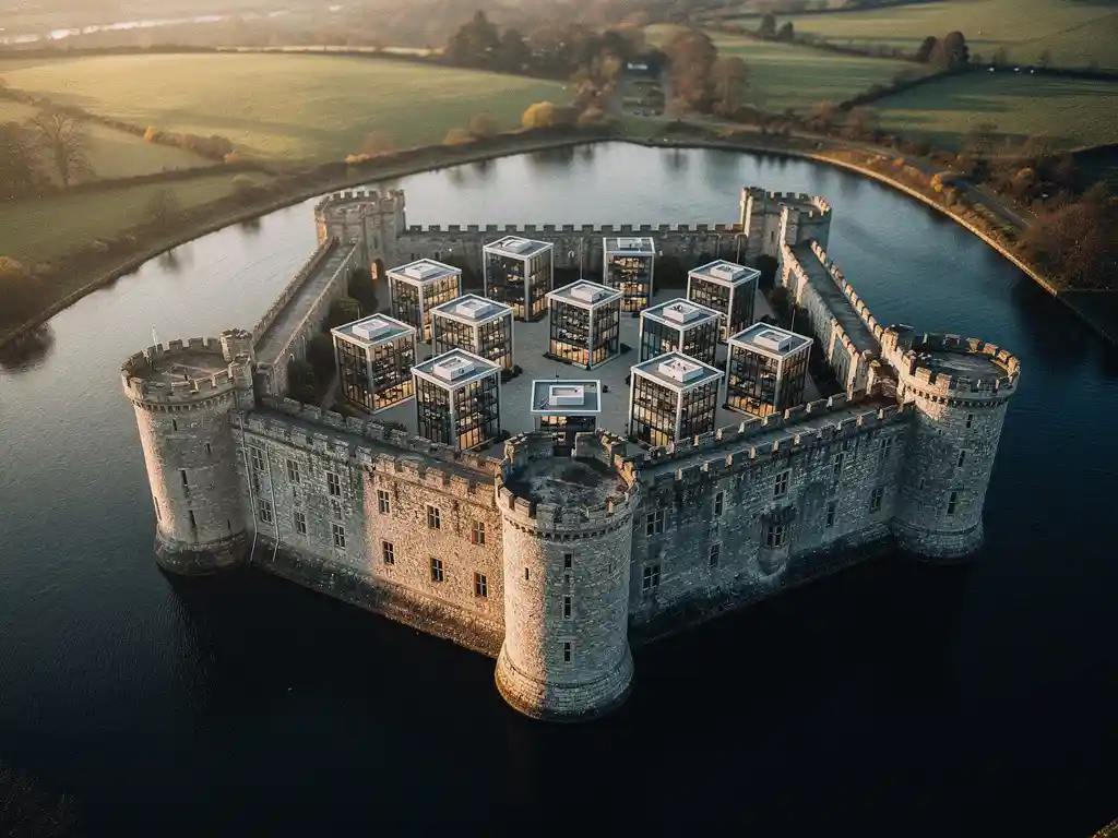 Aerial view of a weathered stone castle with water-filled moat enclosing miniature modern office buildings in golden afternoon light.