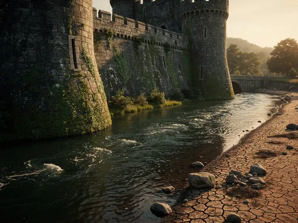 Ancient stone castle moat with calm flowing water encircling fortress walls, contrasted by a dry cracked riverbed, moss-covered stone in warm afternoon light.