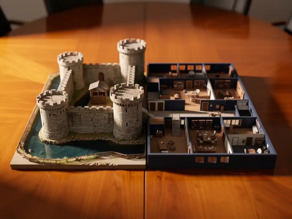 Architectural scale model of two interlocking castles on an oak table, showing defensive walls, moat, and inner courtyard chambers in amber and navy tones.