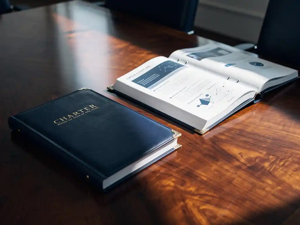 Leather-bound charter document and open operations binder on a mahogany boardroom table, morning light casting shadows across polished wood.