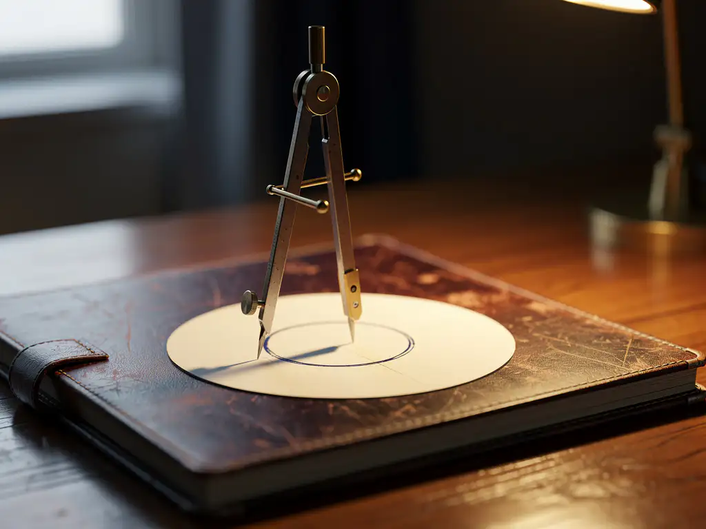 Architect's compass open on a worn leather ledger atop an oak desk, brass tip anchoring an ink circle in warm amber light.