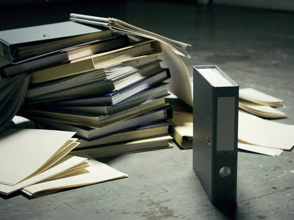 Collapsed stack of compliance binders with loose pages scattered on concrete floor, one binder standing upright apart from the chaos.