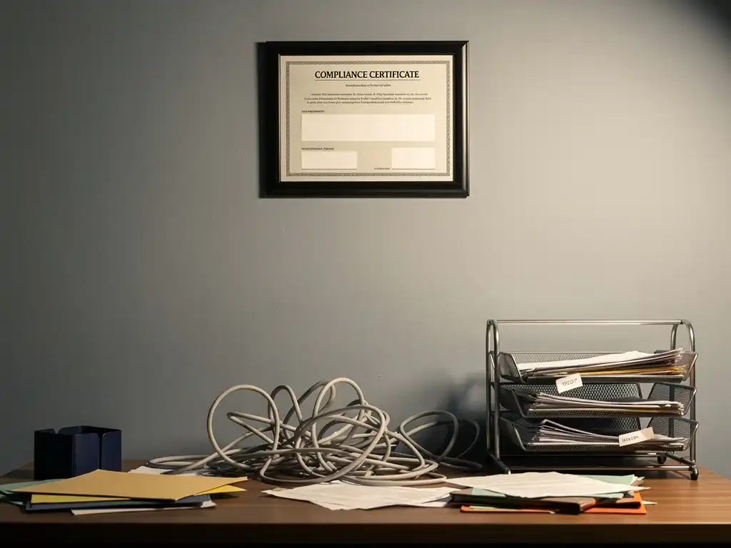Framed compliance certificate on office wall above a desk cluttered with tangled cables, scattered folders, and an overflowing inbox tray.