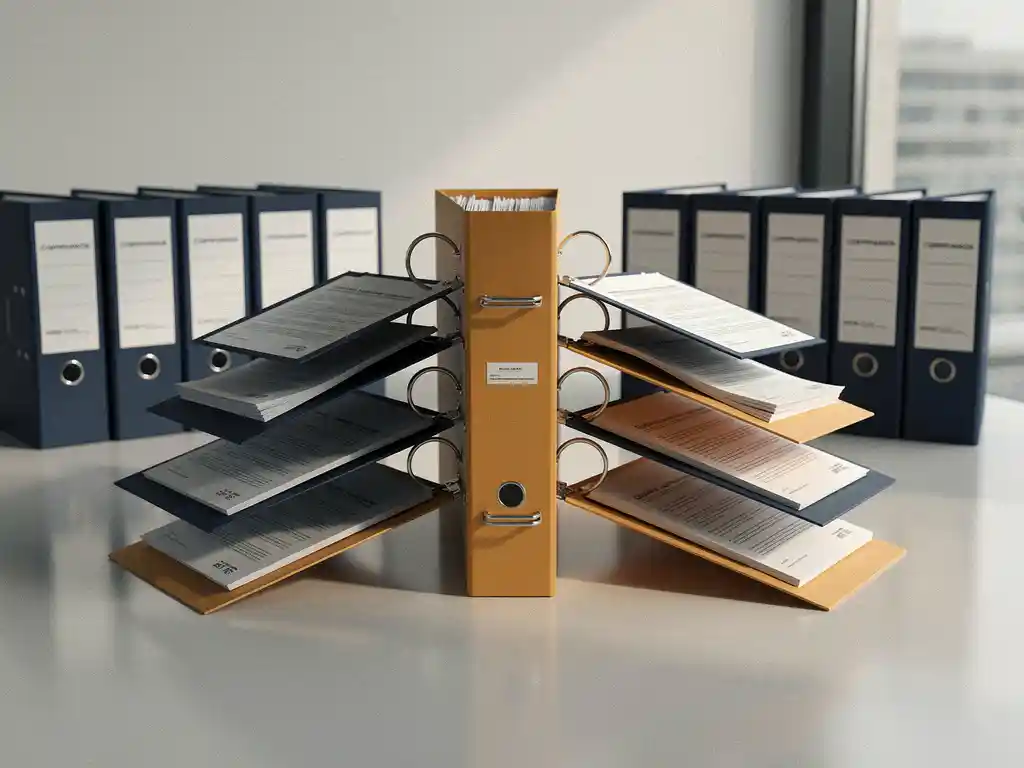 Compliance folders from multiple departments consolidating into one central binder on a corporate desk, with overlapping documents and soft office lighting.