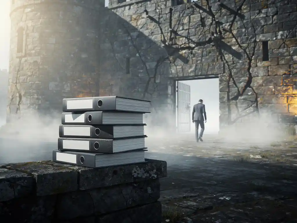 Lone executive walking through fog past an open fortress gate beside an overwhelming stack of compliance binders on a stone ledge.