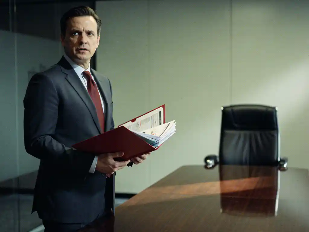 Compliance officer in dimly lit boardroom holding open red folder with documents, empty CEO chair at mahogany table under dramatic side lighting.
