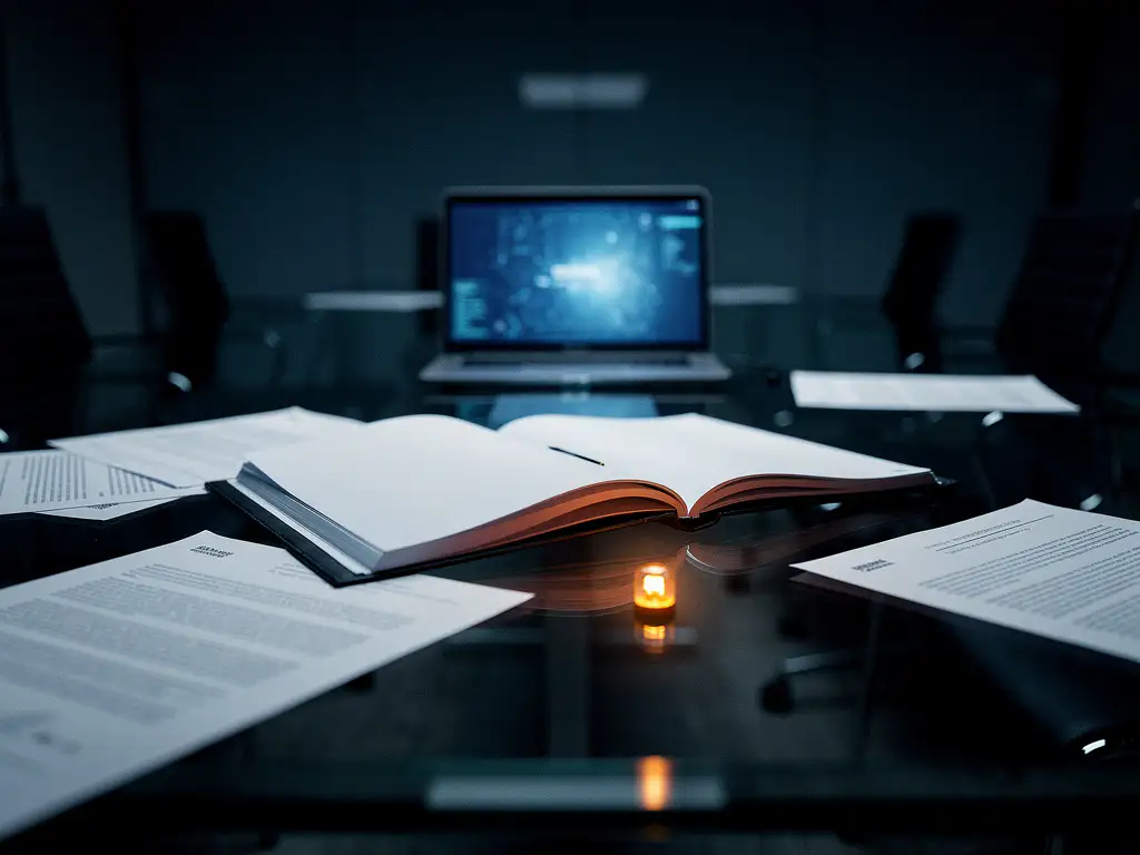 Confidential folder open on a glass boardroom table with unsigned contracts scattered nearby and an unattended laptop displaying an AI interface in the background.