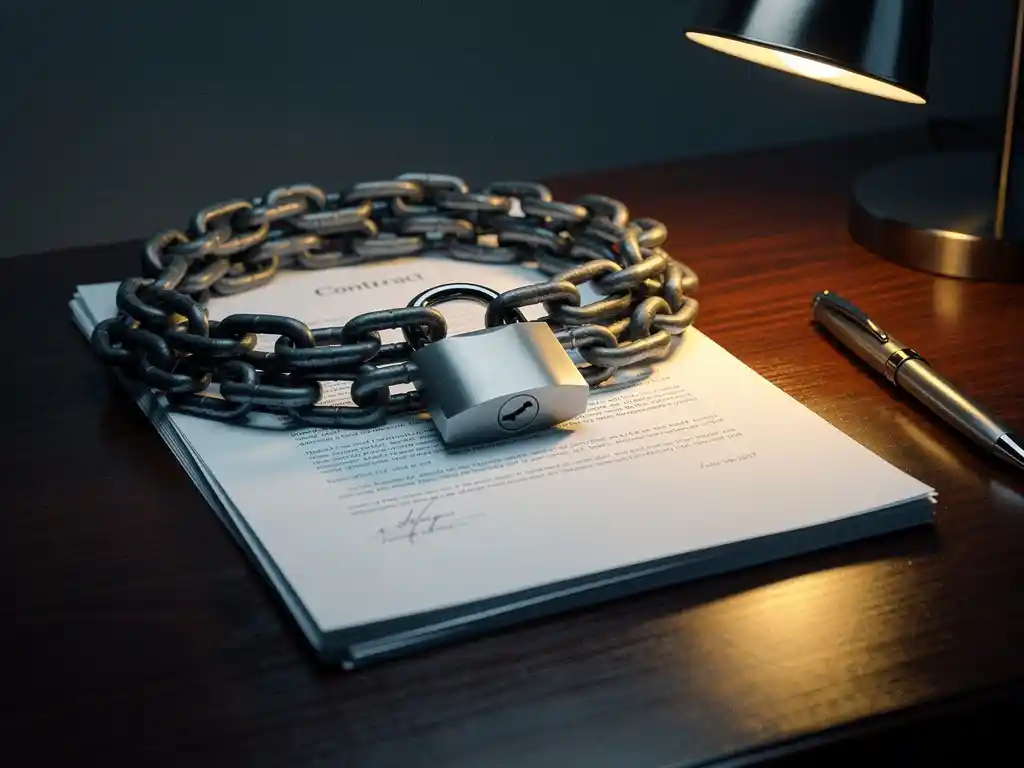 Iron chain and padlock binding a corporate contract document on a mahogany desk, pen set aside, symbolizing restrictive business terms.