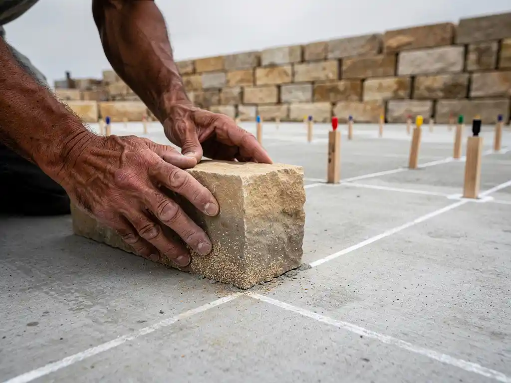 Architect pressing cornerstone into concrete foundation, chalk lines and surveyor's stakes visible, stone perimeter wall rising in background.