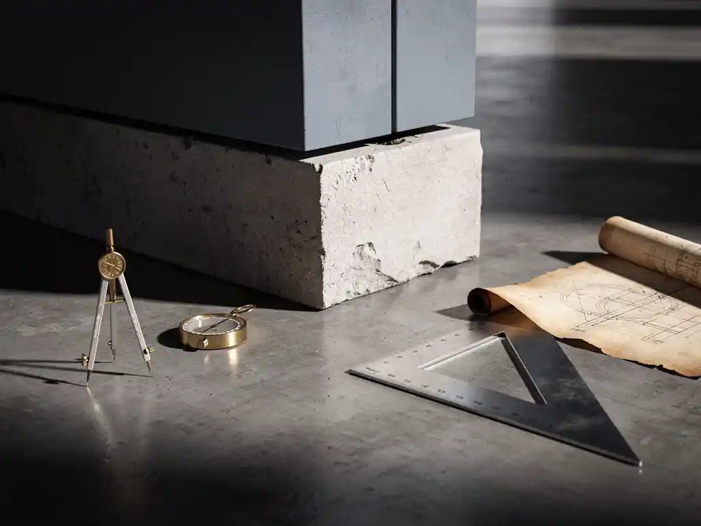 Stone cornerstone being lowered into a modern structure's base, surrounded by brass compass, drafting square, and technical drawings on parchment.