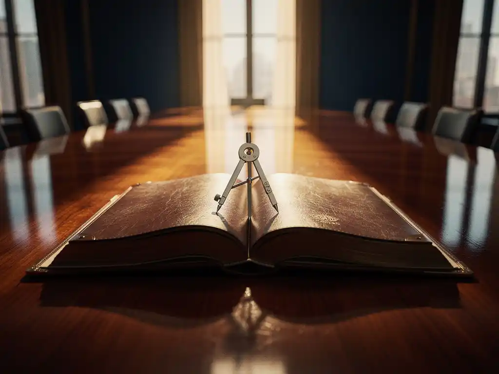 Open leather-bound governance charter on a mahogany boardroom table with an architect's compass, golden light streaming through tall windows.