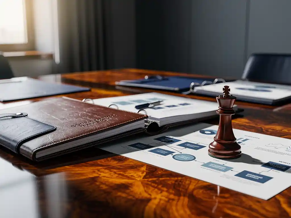 Leather-bound governance framework binder open on a boardroom table beside org charts and a chess king piece, symbolizing strategic accountability.