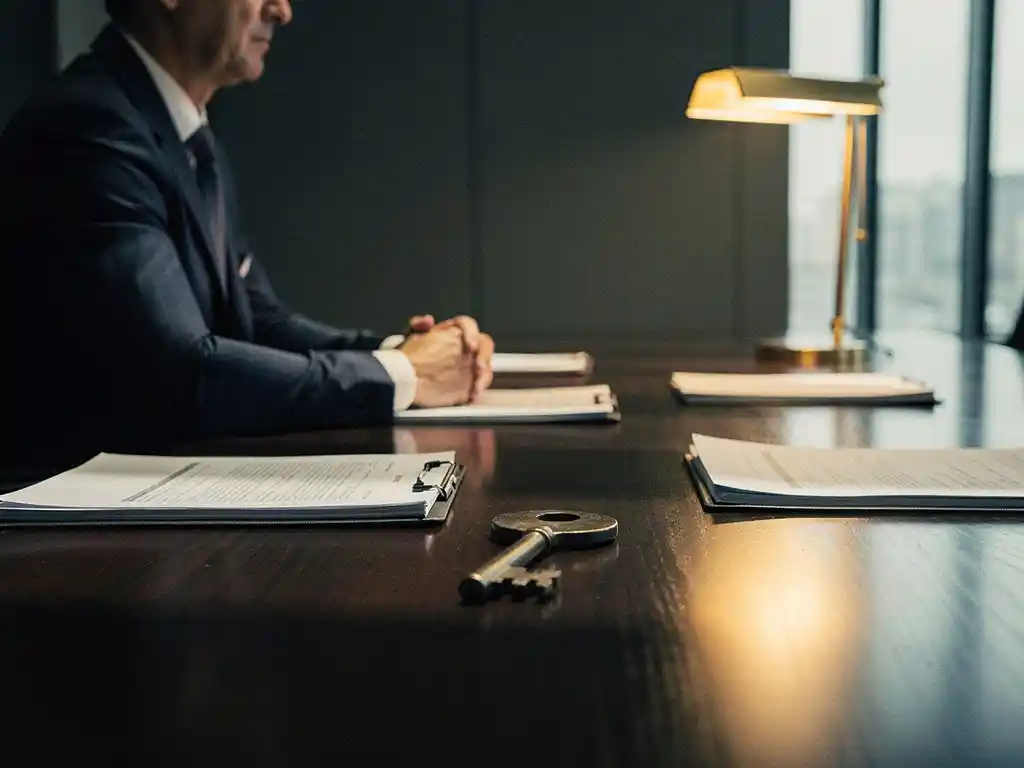 Senior executive placing an iron key on a polished boardroom table beside governance documents, lit by warm amber lamplight.