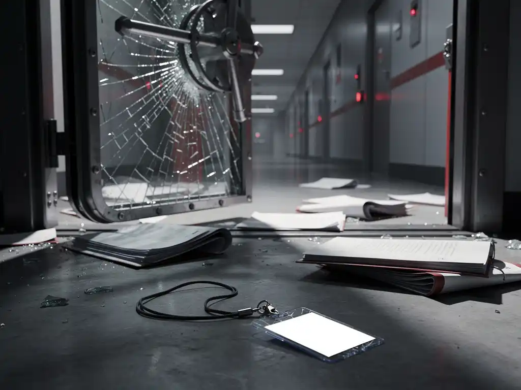 Shattered glass vault door hanging open in a corporate corridor, confidential documents and a cracked security badge scattered across the floor.