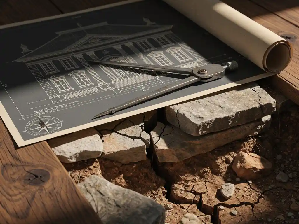 Cracked stone foundation beneath a building blueprint on a weathered oak desk, architect's compass resting askew, dramatic side lighting revealing structural instability.