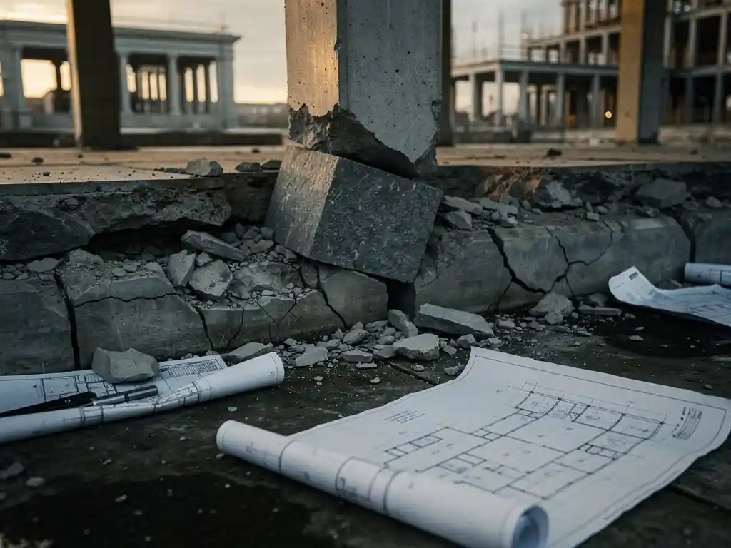Crumbling stone foundation beneath a half-constructed building with a misaligned load-bearing column and scattered architectural blueprints on damp ground.