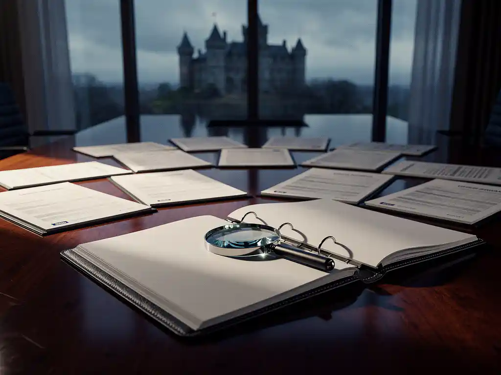 Leather-bound due diligence folder open on a conference table with security audit documents and magnifying glass under dramatic side lighting.
