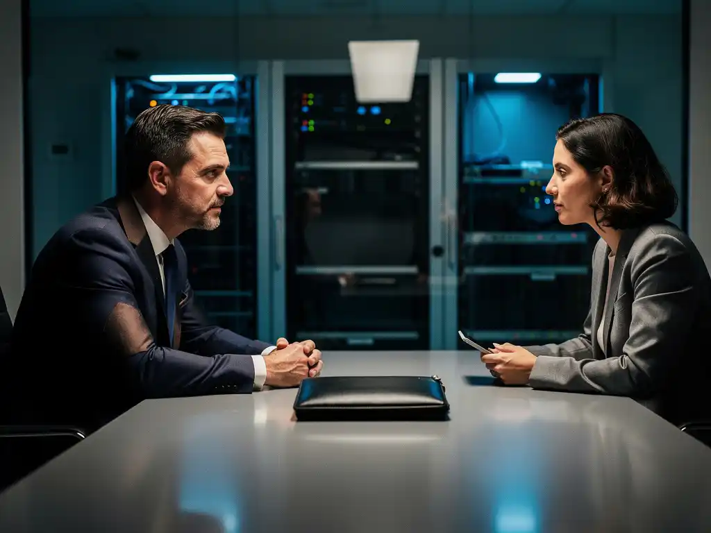 Executive pausing mid-conversation with a journalist, leather portfolio on conference table, glass wall revealing blue-lit server room behind them.
