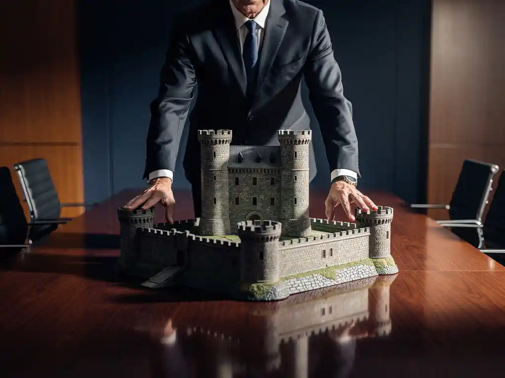Senior executive in a tailored suit claiming ownership over an architectural castle scale model with moat on a boardroom table.