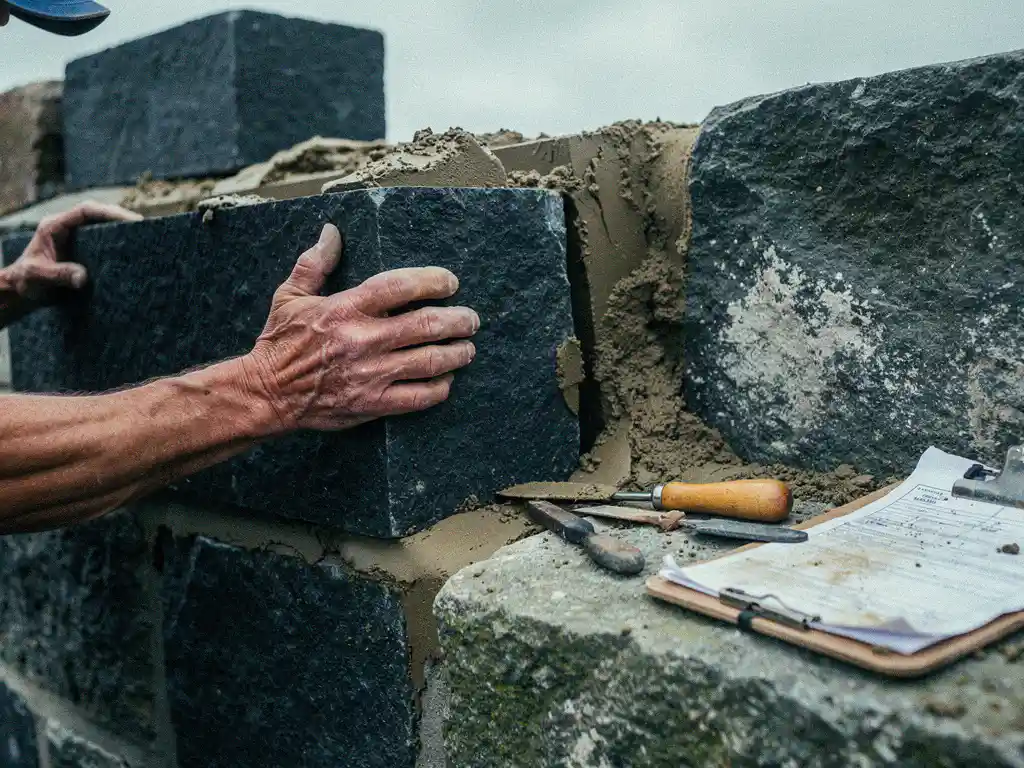 Mason's hands pressing a cut stone block into a fortress rampart gap during wall restoration, with mortar tools on the ledge nearby.