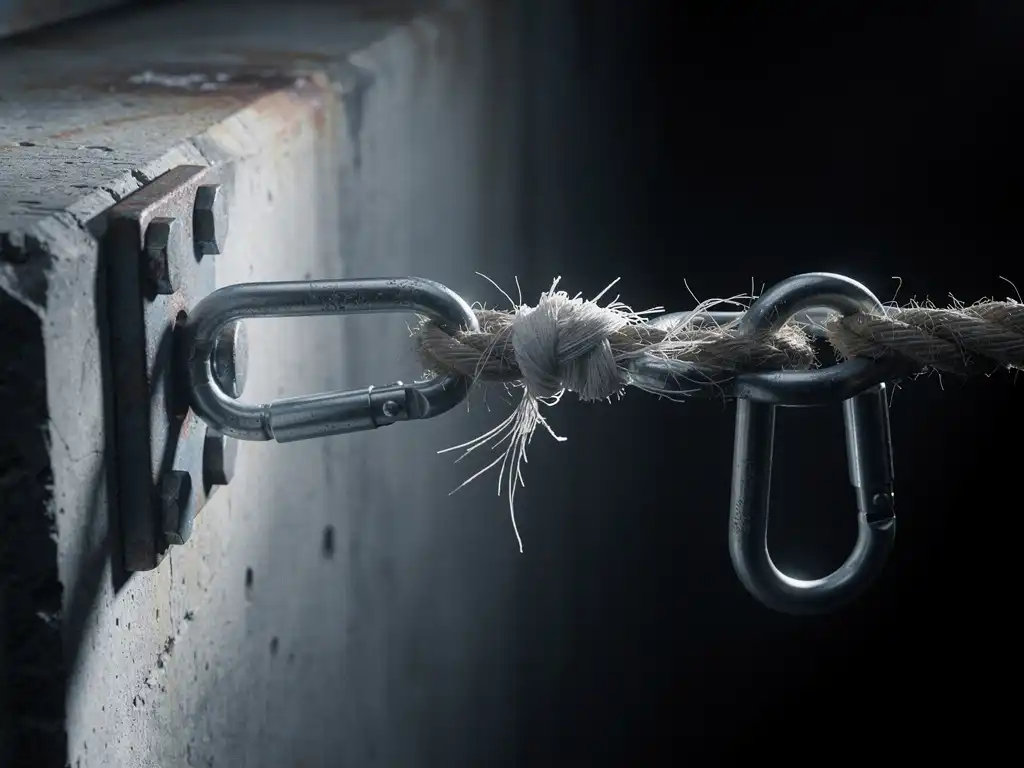 Frayed rope linking two steel carabiners, one anchored to concrete, the other suspended over a dark void, highlighting a critical weak point.