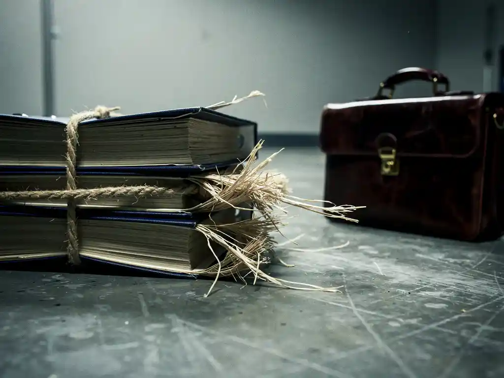 Fraying rope around a stack of compliance binders unraveling on concrete, with a leather briefcase nearby symbolizing external dependency.