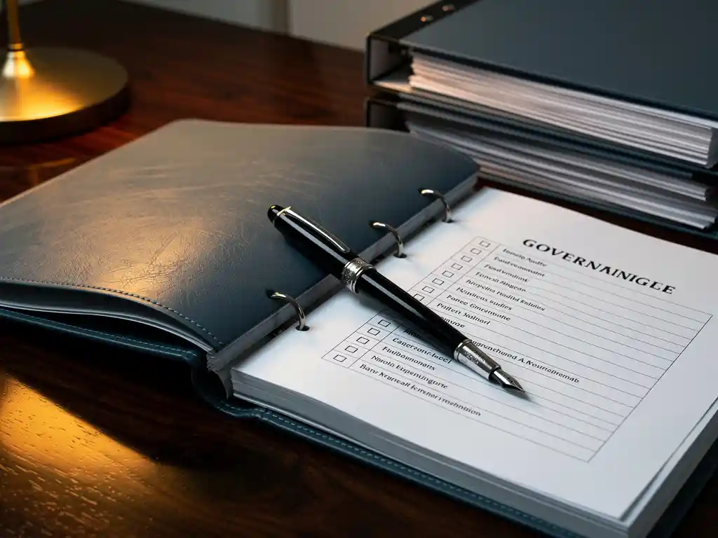Open leather governance binder on dark oak desk with audit folders, checklist, and fountain pen under warm amber light.