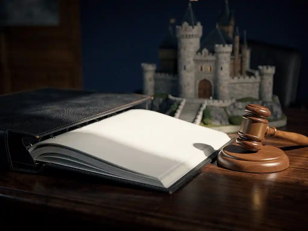 Open leather-bound governance policy binder on a dark oak desk beside a judge's gavel, with a blurred castle miniature in the background.