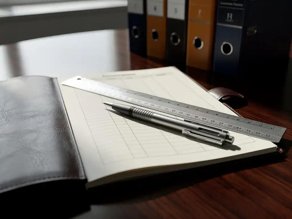 Leather-bound assessment ledger open on a dark oak boardroom table with an architect's ruler and mechanical pencil resting across its pages.