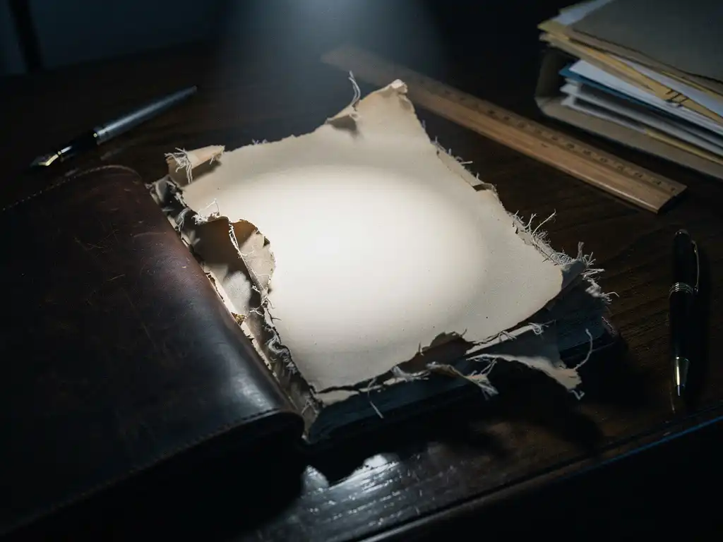 Leather-bound ledger open on dark oak desk, torn pages crumbling at edges, single intact page lit by dramatic directional light.