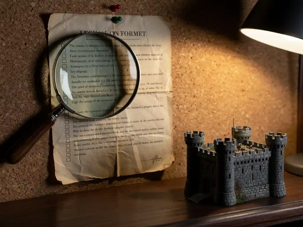 Worn legal document checklist on corkboard with magnifying glass over printed clauses beside a medieval castle miniature on a dark oak desk.