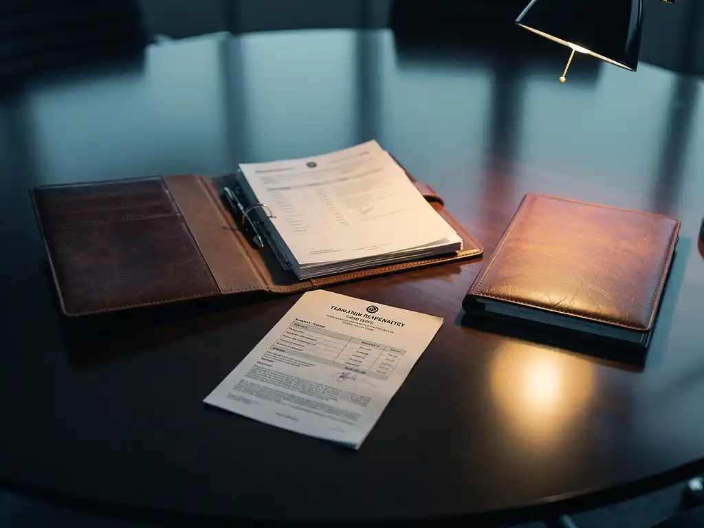 Lawyer's open leather dossier beside a folded financial penalty notice on a conference table, second closed dossier implying parallel legal risk.