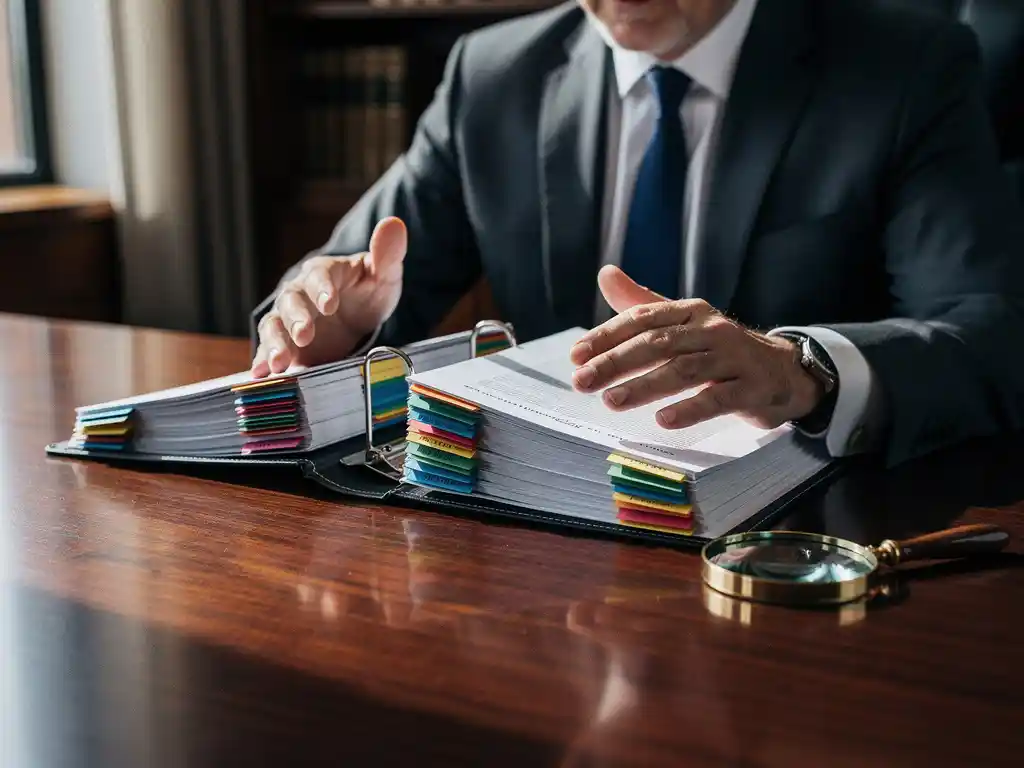 Attorney in crisp suit reviewing tabbed legal binder on dark oak boardroom table, brass magnifying glass nearby, warm directional window light.