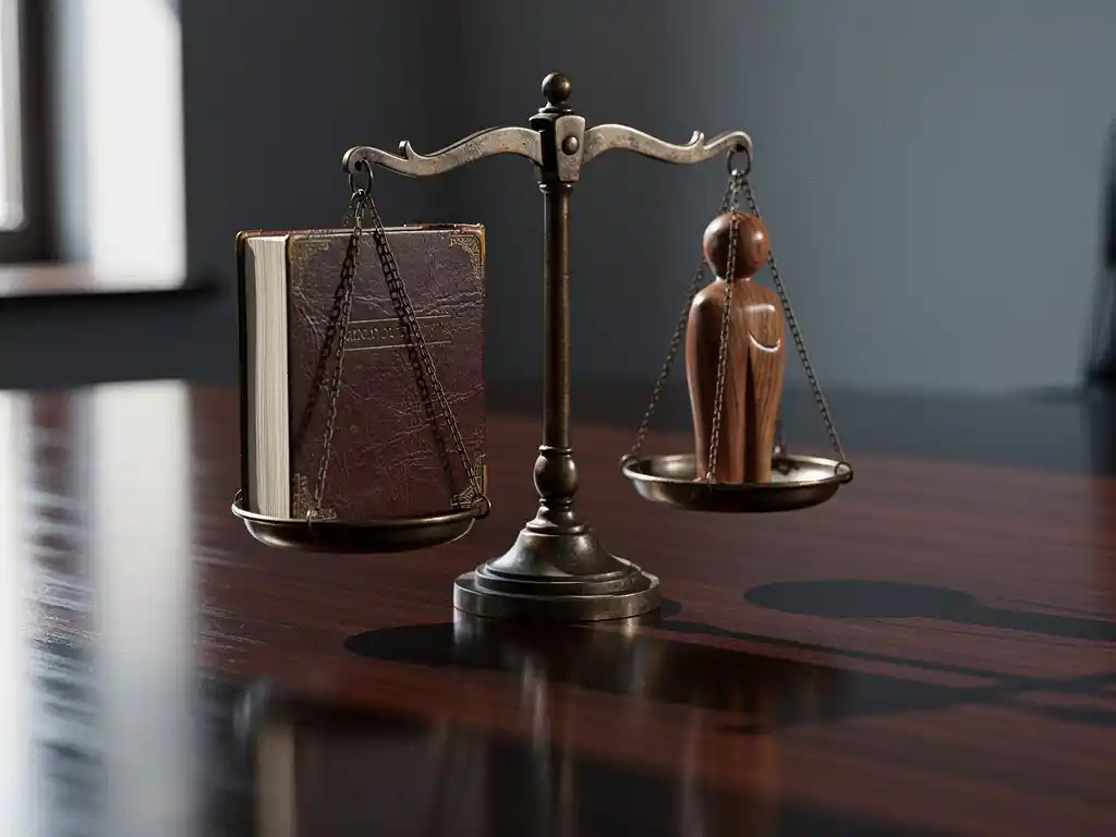 Antique bronze scales balanced on dark oak table, weighing a leather-bound rulebook against a carved wooden human figure.