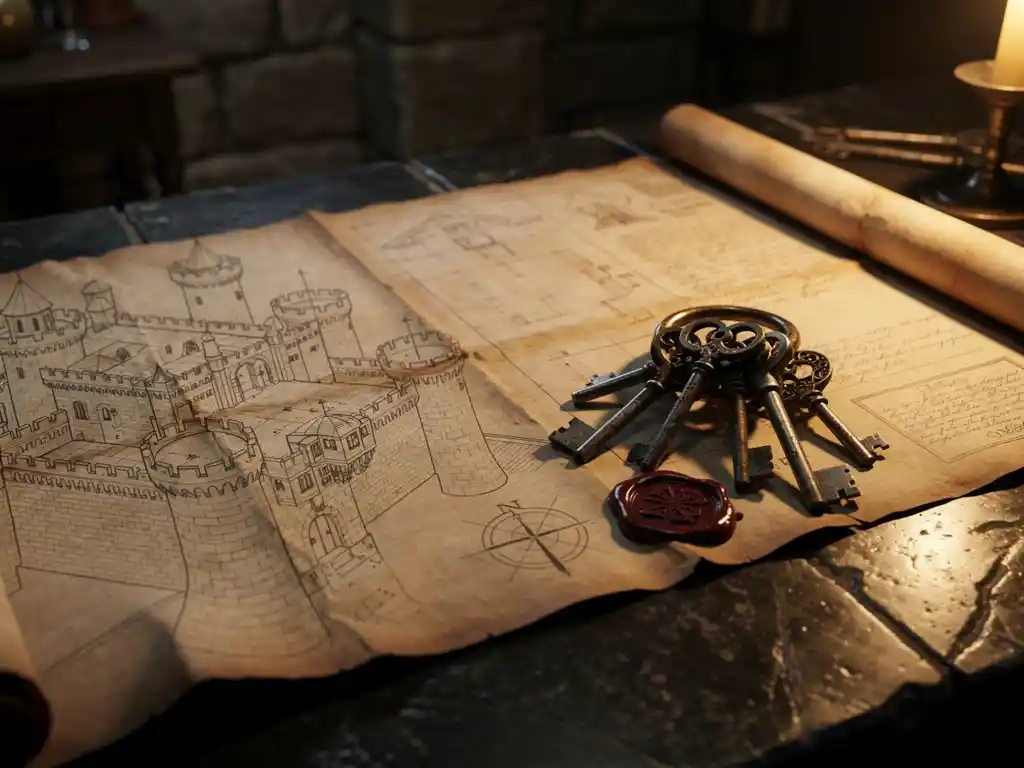 Medieval castle blueprint on parchment with tower and wall designs, iron keys, and wax seal lit by warm candlelight on a stone table.