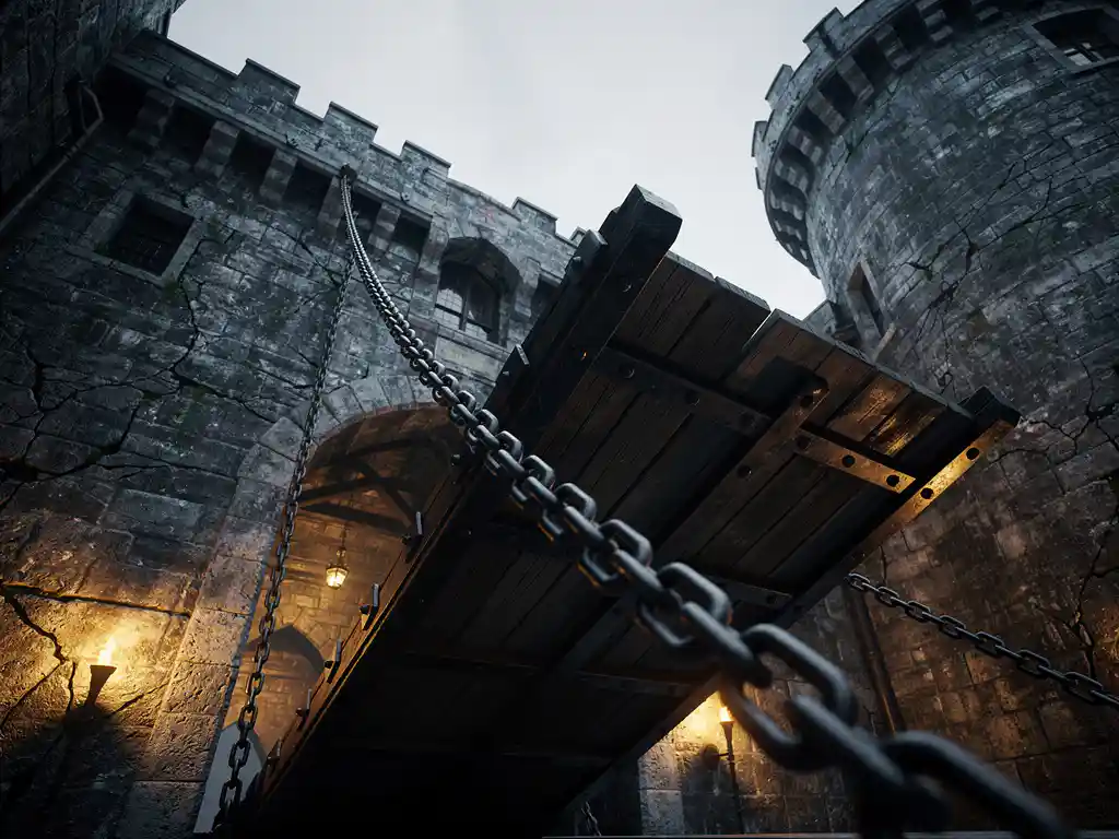Medieval castle drawbridge raised and locked, heavy iron chains taut against an overcast sky, stone walls lit by warm amber torchlight.